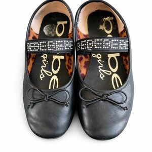 Bebe Girl Black Rhinestone Mary Jane Flats Ballet Shoes Leopard Insole